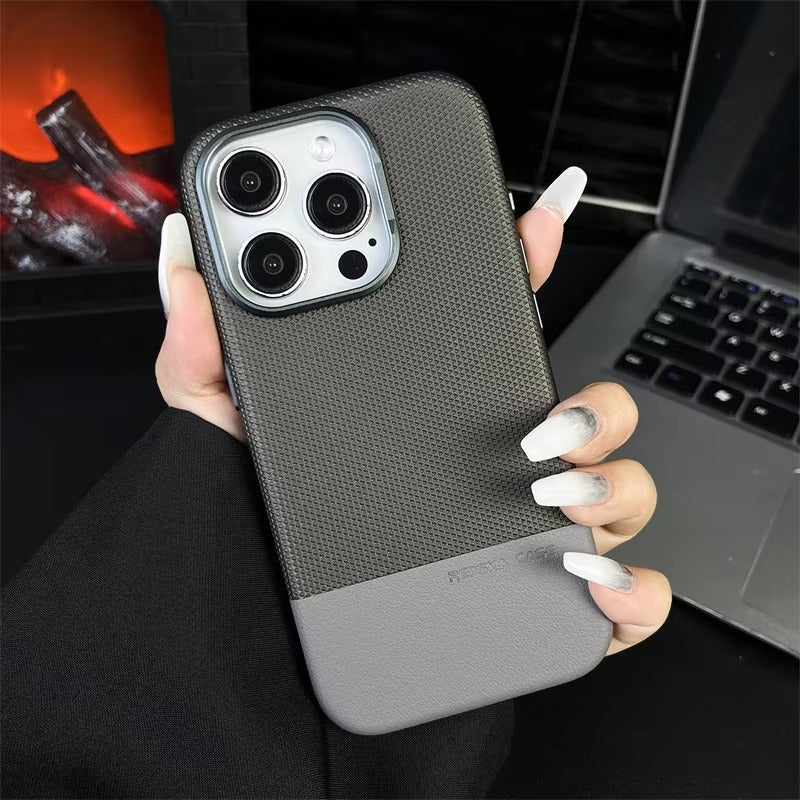 Luxury iPhone MagSafe Leather Case — Trendy Hit Color Relief Design with Alloy Lens Protection, Wireless Charging, Shockproof Anti-Fingerprint Cover