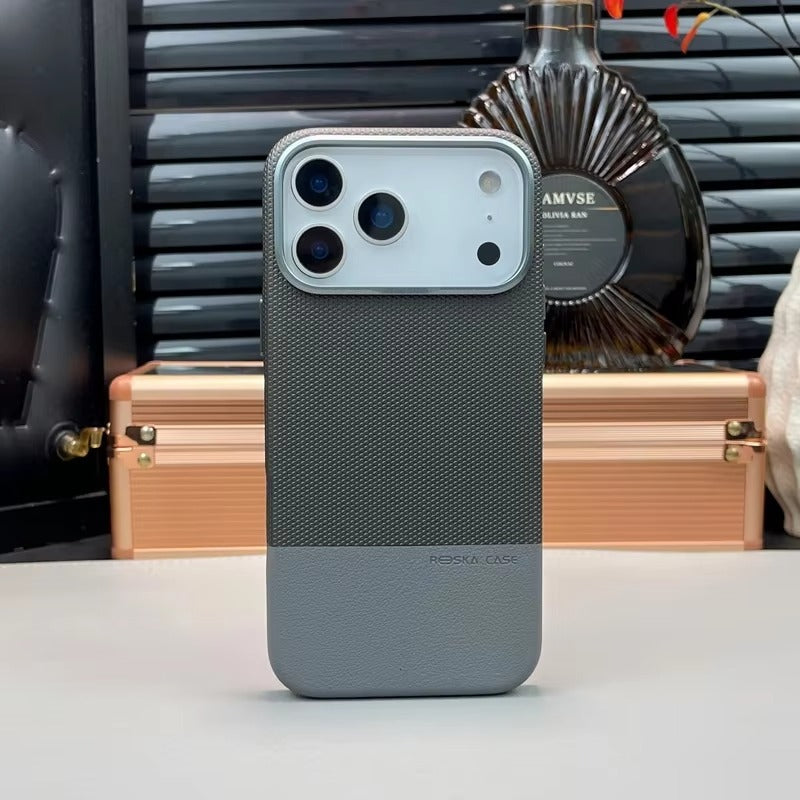 Luxury iPhone MagSafe Leather Case — Trendy Hit Color Relief Design with Alloy Lens Protection, Wireless Charging, Shockproof Anti-Fingerprint Cover