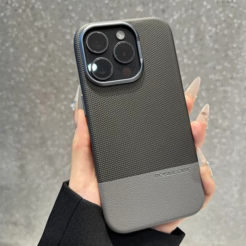 Luxury iPhone MagSafe Leather Case — Trendy Hit Color Relief Design with Alloy Lens Protection, Wireless Charging, Shockproof Anti-Fingerprint Cover