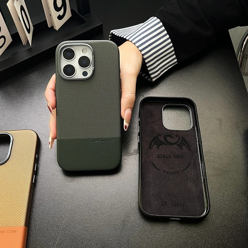 Luxury iPhone MagSafe Leather Case — Trendy Hit Color Relief Design with Alloy Lens Protection, Wireless Charging, Shockproof Anti-Fingerprint Cover