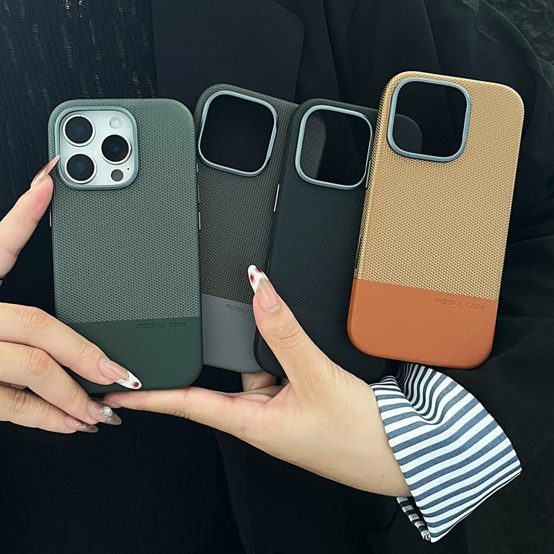 Luxury iPhone MagSafe Leather Case — Trendy Hit Color Relief Design with Alloy Lens Protection, Wireless Charging, Shockproof Anti-Fingerprint Cover