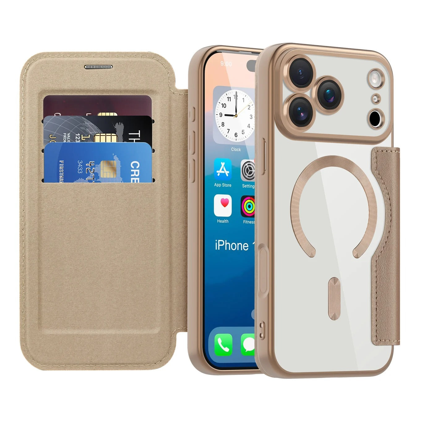 Luxury iPhone Magnetic Flip Case — PU Leather Plating Clear Cover with Card Holder, MagSafe Stand Support, Shockproof Anti-Fingerprint Full Coverage Design