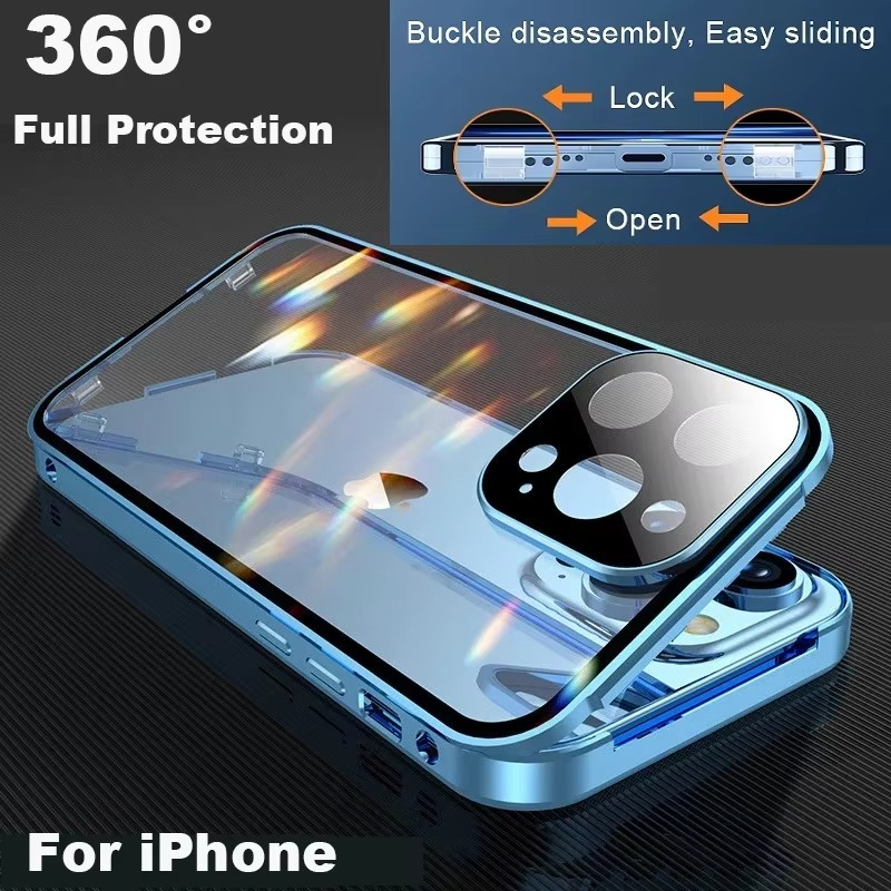 Luxury iPhone Magnetic Metal Case with Double-Sided Glass — 360° Full Body Protection, Shockproof Transparent Cover, Slim Scratch-Resistant Durable Design