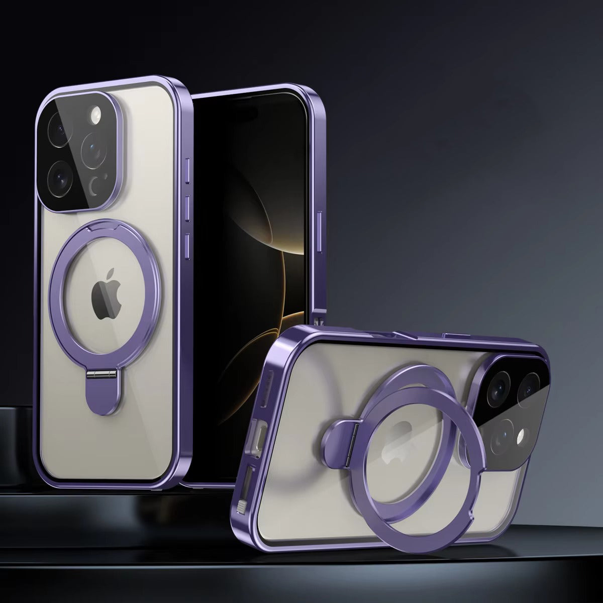 Luxury iPhone Magnetic Metal Frame Case — Double-Sided Anti-Peeping Glass Cover with Bracket Stand, Hard Anti-Drop Shockproof Protection