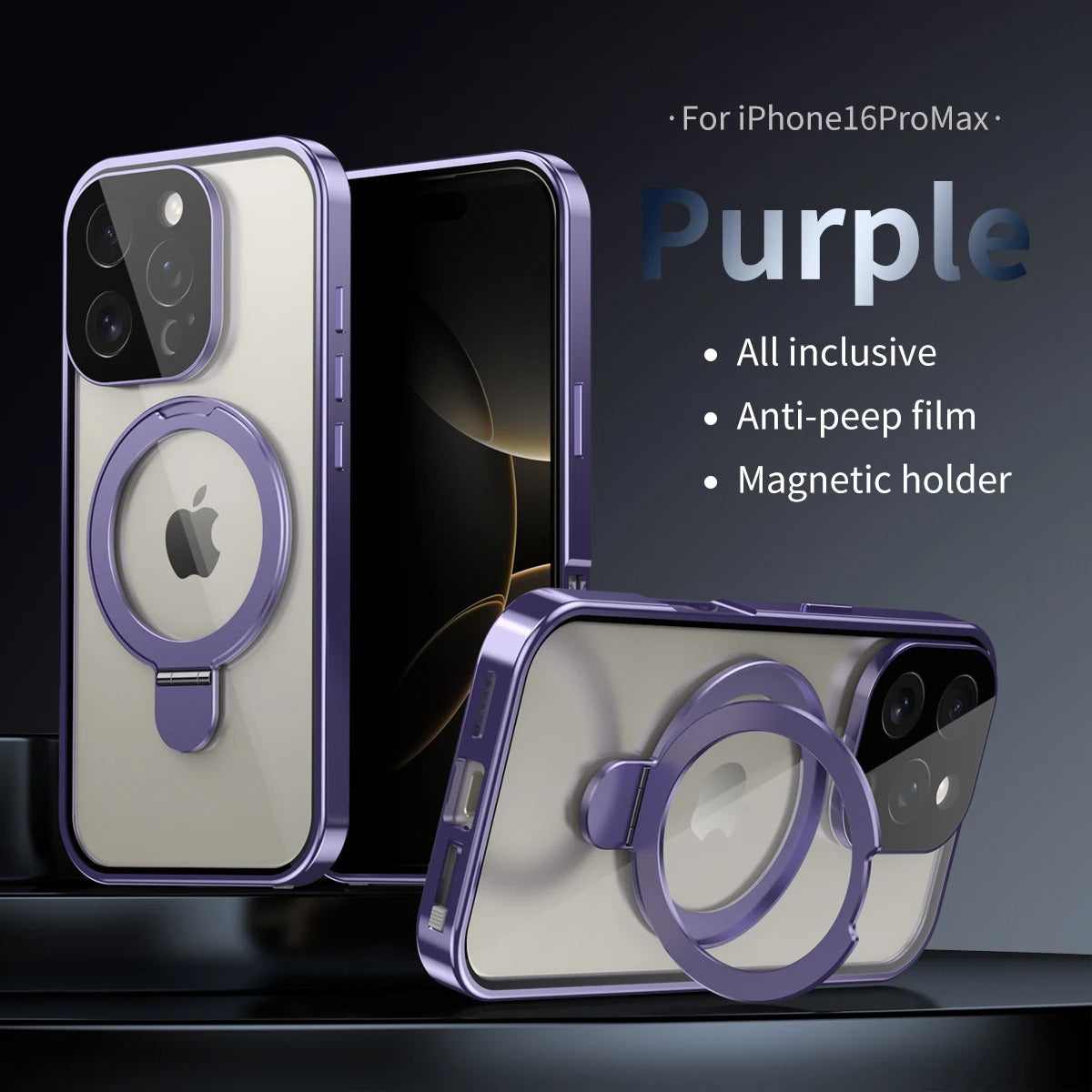Luxury iPhone Magnetic Metal Frame Case — Double-Sided Anti-Peeping Glass Cover with Bracket Stand, Hard Anti-Drop Shockproof Protection
