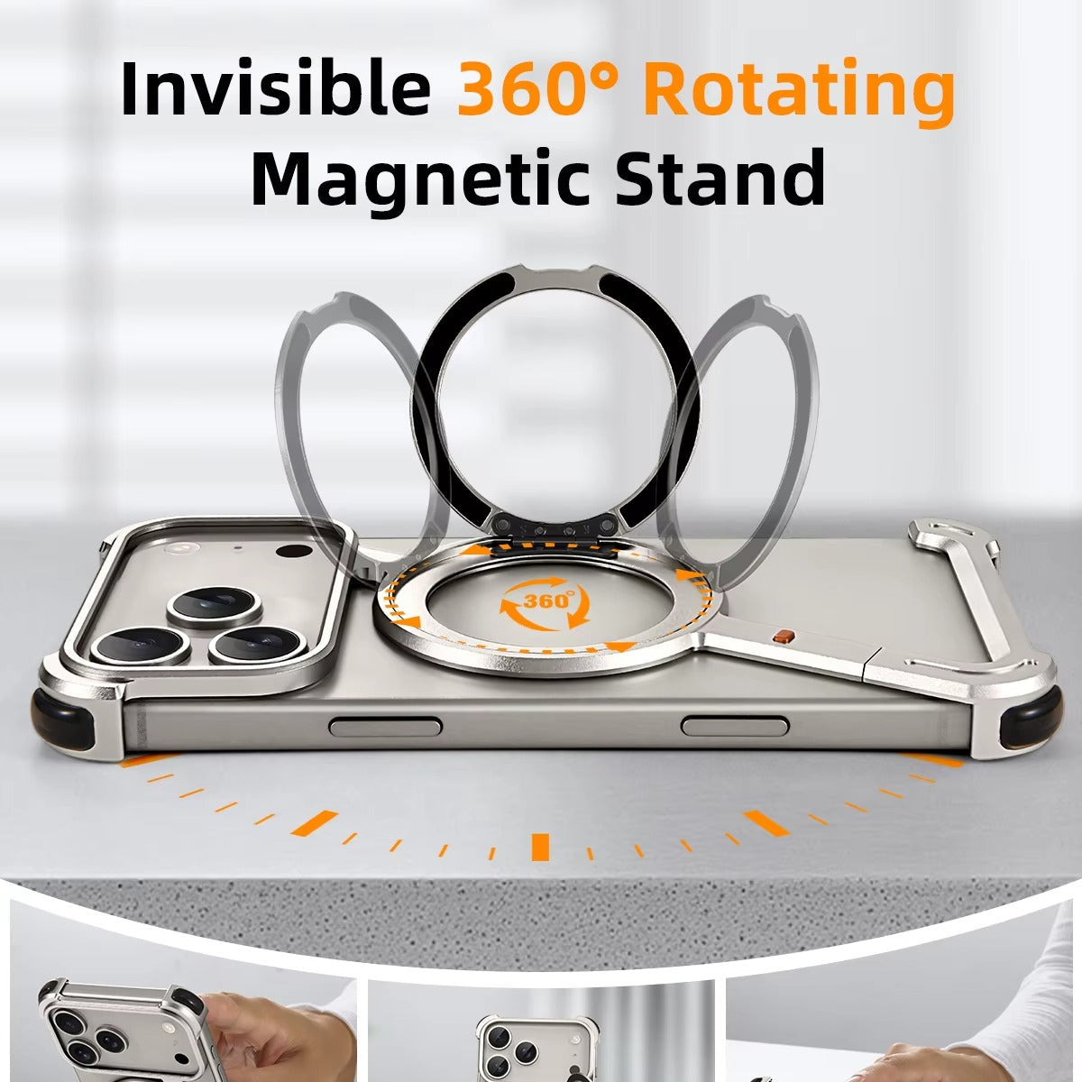 Luxury iPhone Metal Magnetic Case — Frameless Aluminum Alloy Cover with 360° Rotating Stand Ring, MagSafe Compatible Shockproof Protective Design