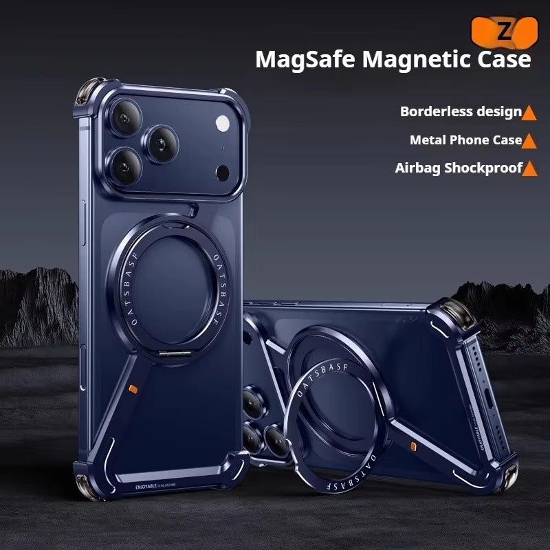 Luxury iPhone Metal Magnetic Case — Frameless Aluminum Alloy Cover with 360° Rotating Stand Ring, MagSafe Compatible Shockproof Protective Design