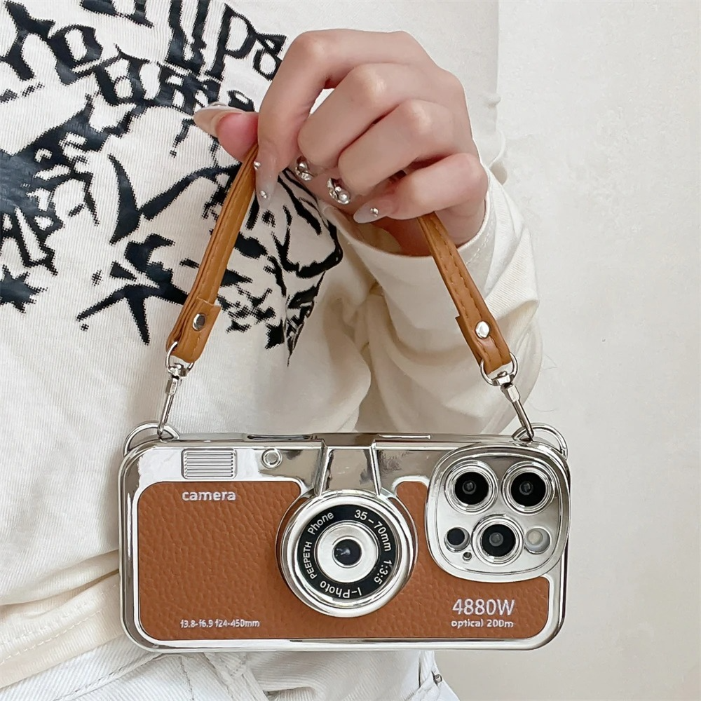 Luxury iPhone Retro Camera Case Emily in Paris Edition — PU Leather Sling Cover with Bracelet Strap, Stylish Pictorial Design, Shockproof Protective Finish