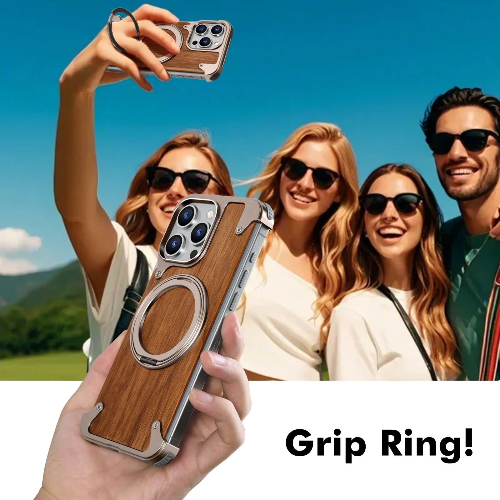 Luxury iPhone Solid Wood MagSafe Case — 360° Rotatable Stand Ring, Aluminum Alloy Bumper, Slim Shockproof Non-Slip Protective Cover