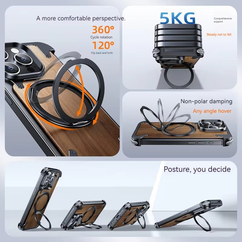 Luxury iPhone Solid Wood MagSafe Case — 360° Rotatable Stand Ring, Aluminum Alloy Bumper, Slim Shockproof Non-Slip Protective Cover