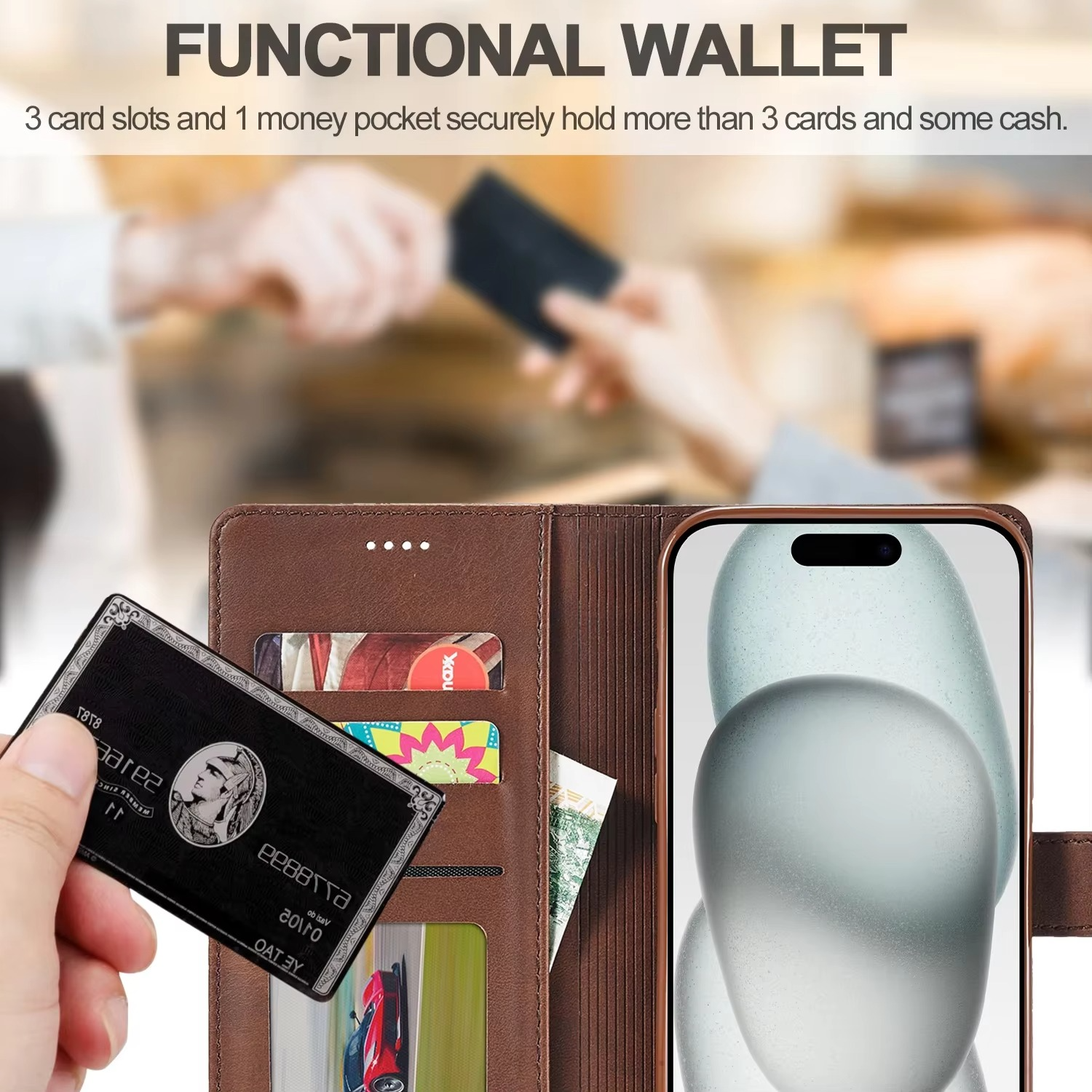 Luxury iPhone Case PU Leather Wallet Folding Cover — Card Holder Slot, Kickstand Function, Full Access to Ports, Shockproof Drop Protection