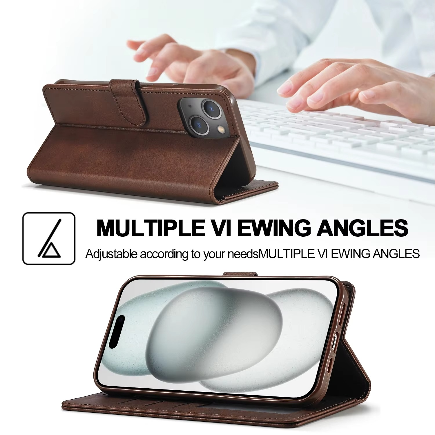 Luxury iPhone Case PU Leather Wallet Folding Cover — Card Holder Slot, Kickstand Function, Full Access to Ports, Shockproof Drop Protection