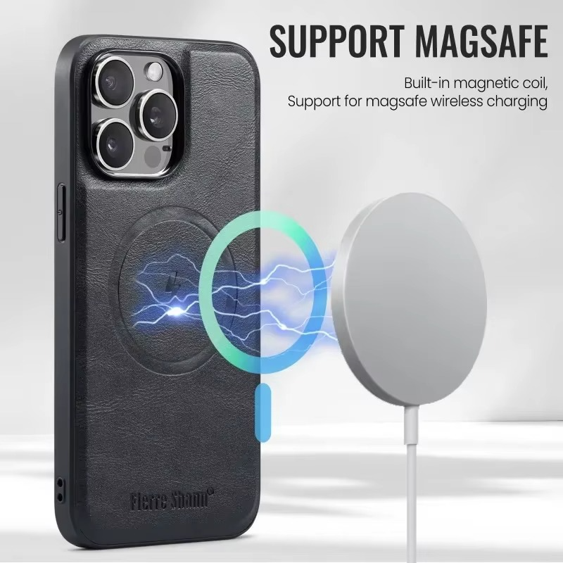 Luxury iPhone Wallet Case with MagSafe Wireless Charging — Magnetic Detachable Cover, Retro PU Leather Design, Card Slots with Photo Holder, Full Protection