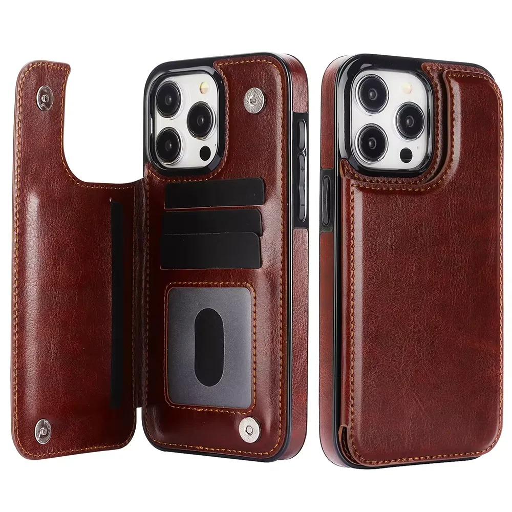 Luxury iPhone Wallet Flip Leather Case — Double Button Card Slot Holder, Stand Function, Full Coverage Shockproof Protection, Non-Slip Durable Design