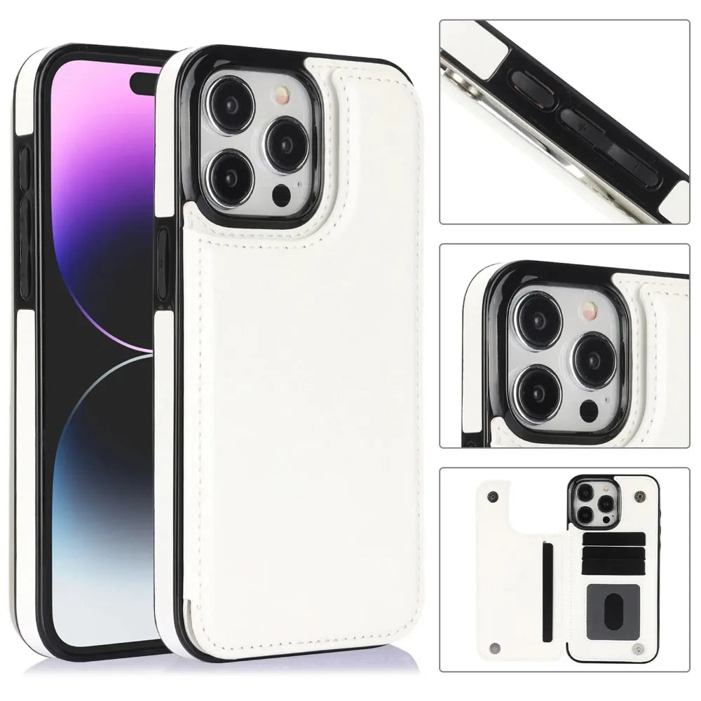 Luxury iPhone Wallet Flip Leather Case — Double Button Card Slot Holder, Stand Function, Full Coverage Shockproof Protection, Non-Slip Durable Design