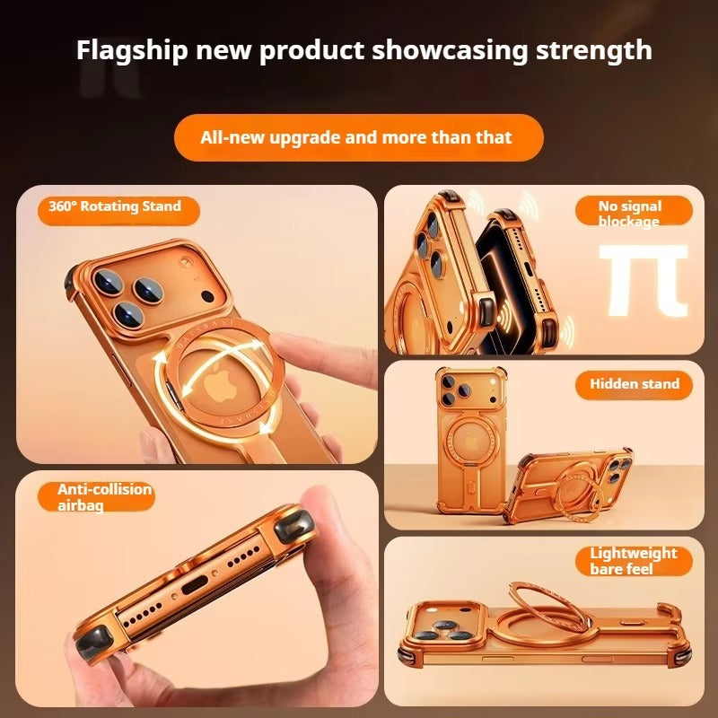 Minimalist iPhone Case — Aluminum Frameless MagSafe Cover with 360° Magnetic Stand and Slim Shockproof Metal Design