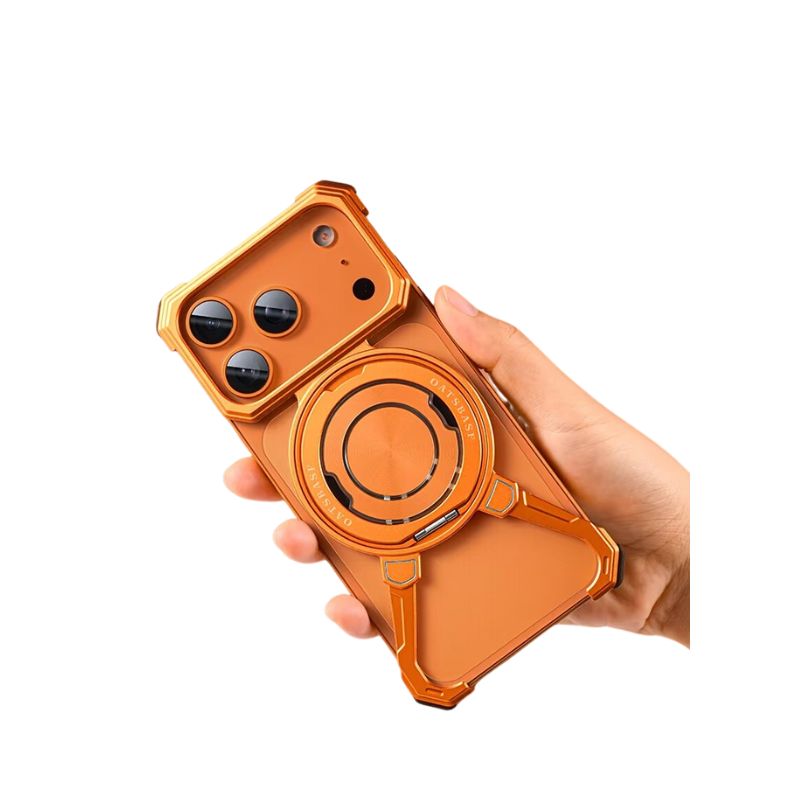 Minimalist iPhone Case — Aluminum Frameless MagSafe Cover with 360° Rotating Stand Ring and Shockproof Protective Design