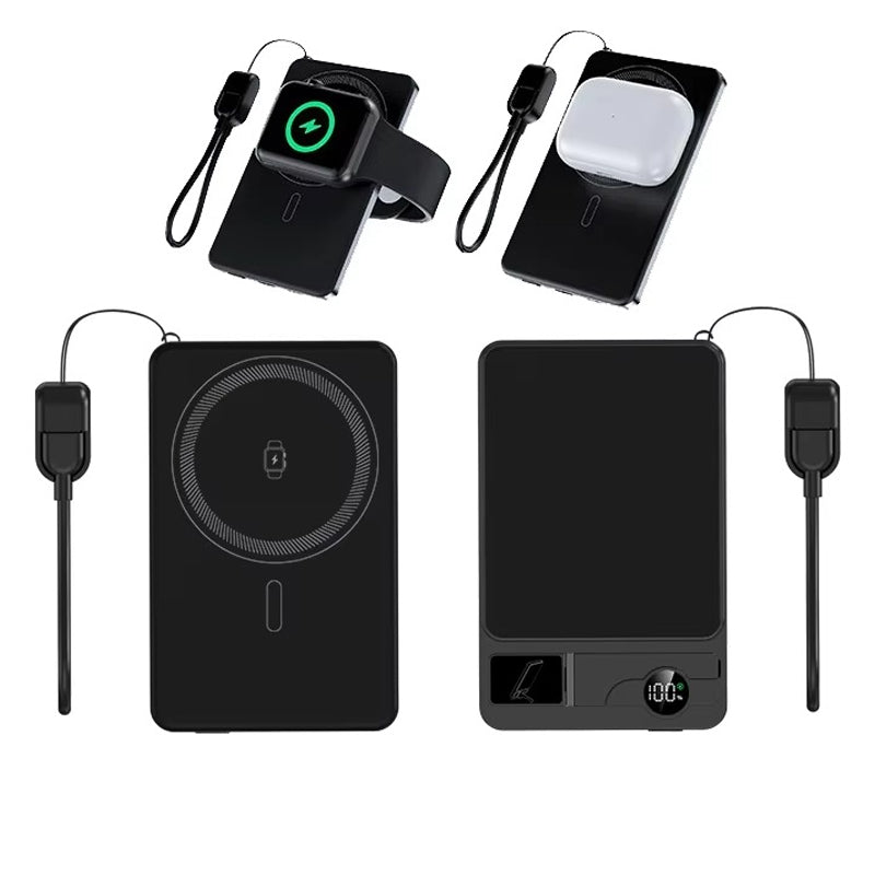 Premium 3-in-1 Magnetic Wireless Power Bank with Metal Stand, Fast Charging, Digital Display, Built-In Cables, Ultra-Thin Portable Battery Pack