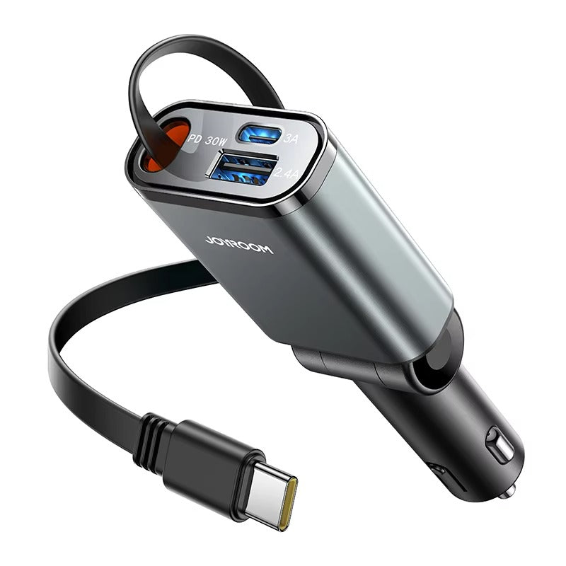 Premium 57W USB-C Fast Car Charger with Retractable Cable, Ultra-Slim 3-Port Design, High-Speed Charging Power Adapter for Vehicles