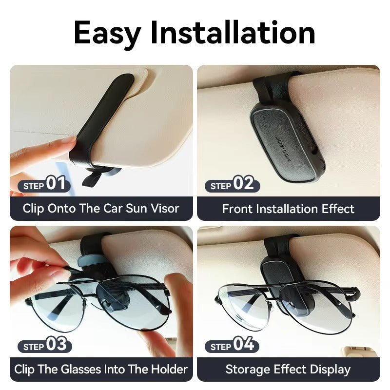 Premium Car Sunglasses Holder with Universal Sun Visor Clip, Lightweight ABS Leather Design, Secure Eyeglass Storage & Card Ticket Organizer