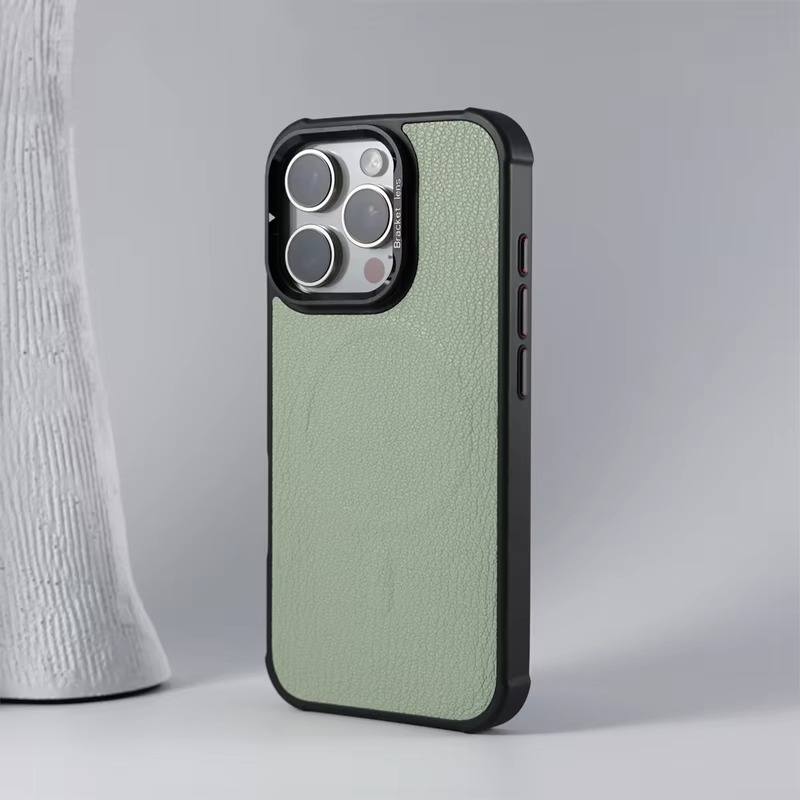 Premium MagSafe Magnetic iPhone Case — Metal Lens Kickstand, Leather Texture Grip, Shockproof Anti-Fingerprint Matte Protective Cover