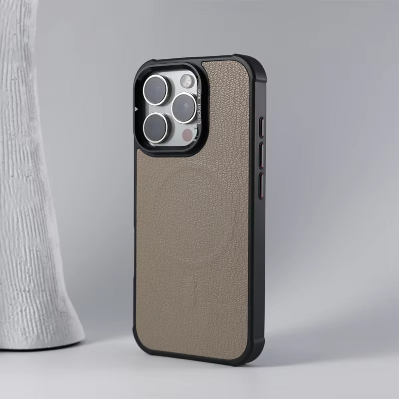 Premium MagSafe Magnetic iPhone Case — Metal Lens Kickstand, Leather Texture Grip, Shockproof Anti-Fingerprint Matte Protective Cover