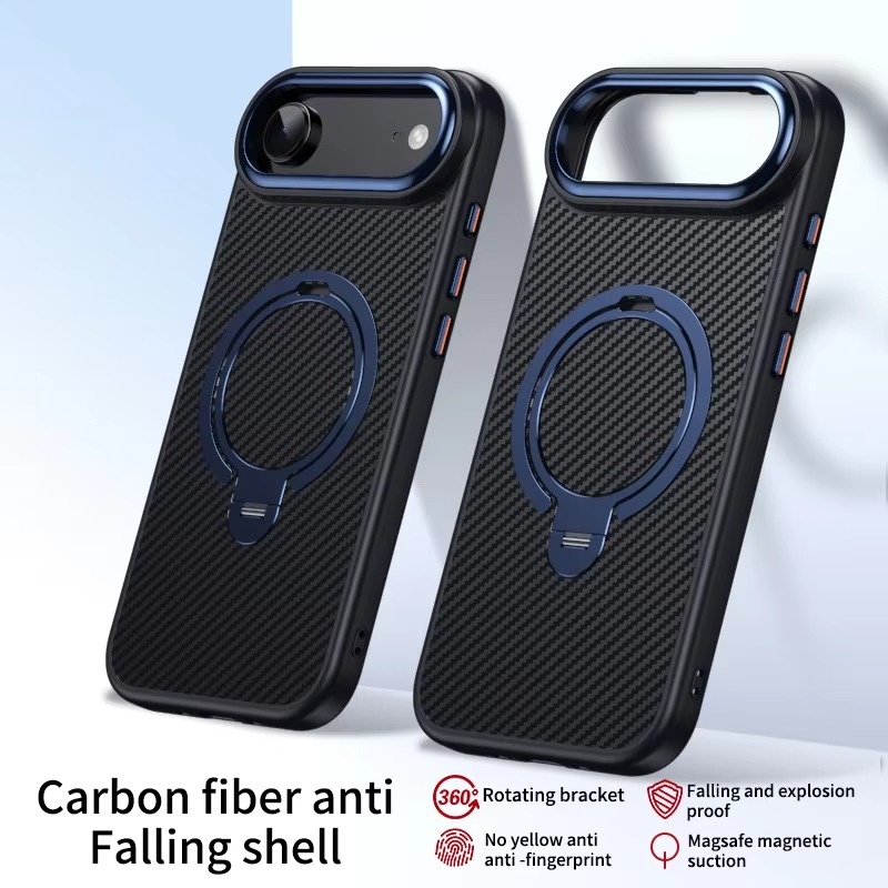 Premium MagSafe iPhone Case Magnetic Shockproof Carbon Fiber with Rotating Stand, Metal Camera Frame Button, Lightweight Rugged Cover