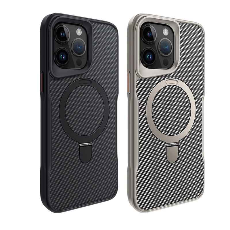 Premium iPhone Case — MagSafe Magnetic Armor Cover with Desert Titanium Metal Frame, Carbon Fiber Texture, Anti-Scratch Holder and Wireless-Charging Support