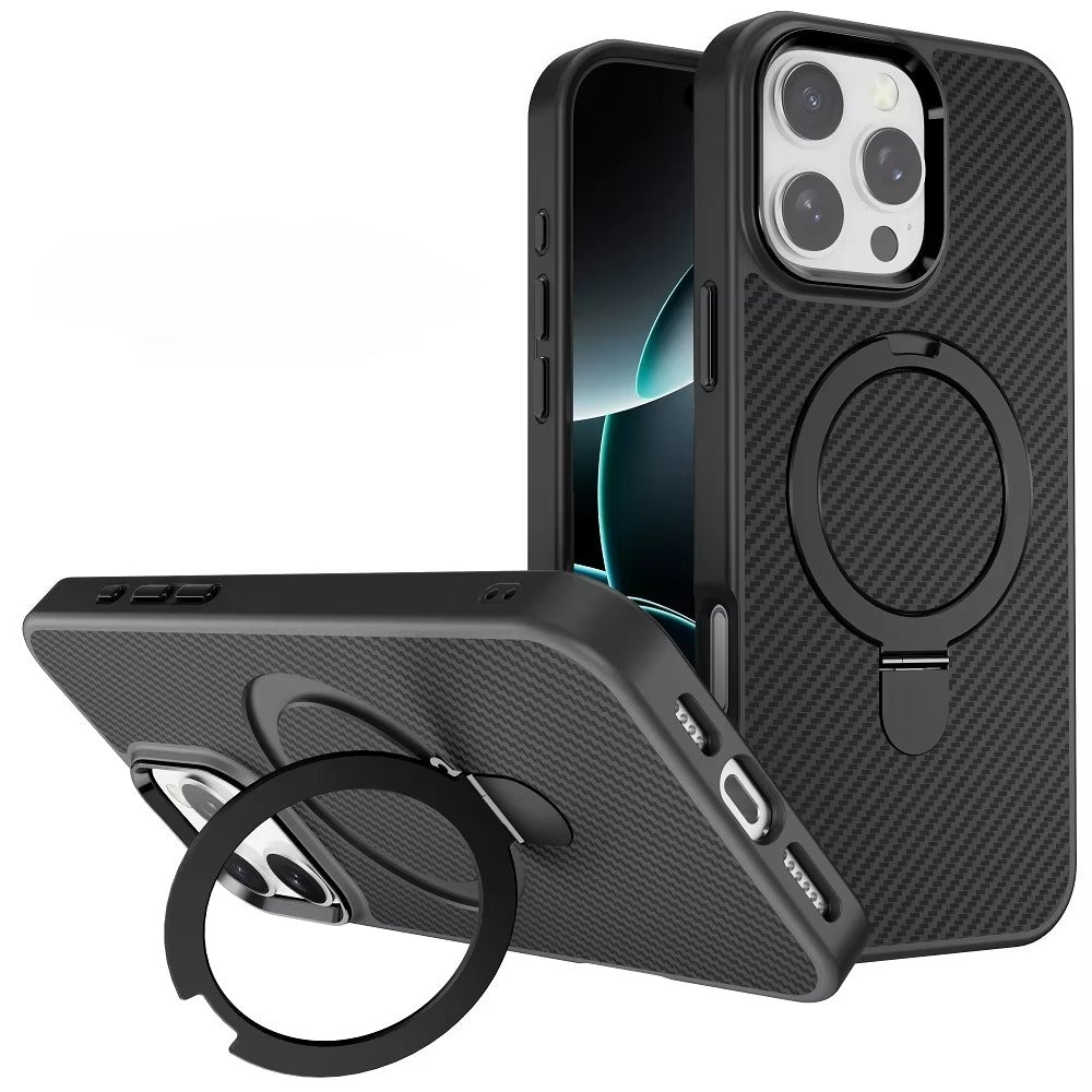 Premium iPhone Case — MagSafe Magnetic Armor Cover with Desert Titanium Metal Frame, Carbon Fiber Texture, Anti-Scratch Holder and Wireless-Charging Support