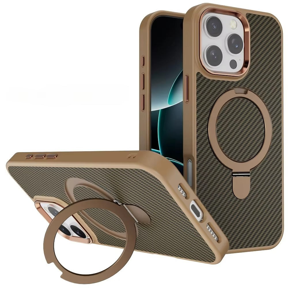Premium iPhone Case — MagSafe Magnetic Armor Cover with Desert Titanium Metal Frame, Carbon Fiber Texture, Anti-Scratch Holder and Wireless-Charging Support