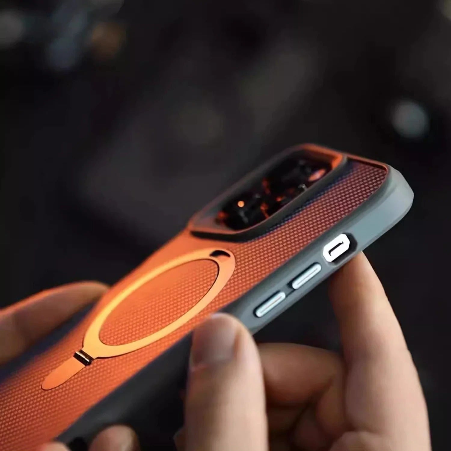 Premium iPhone Case — MagSafe Magnetic Armor Cover with Desert Titanium Metal Frame, Carbon Fiber Texture, Anti-Scratch Holder and Wireless-Charging Support