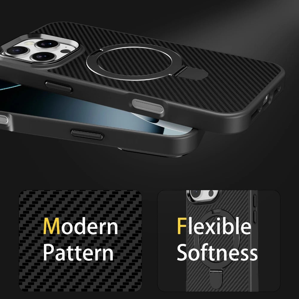 Premium iPhone Case — MagSafe Magnetic Armor Cover with Desert Titanium Metal Frame, Carbon Fiber Texture, Anti-Scratch Holder and Wireless-Charging Support