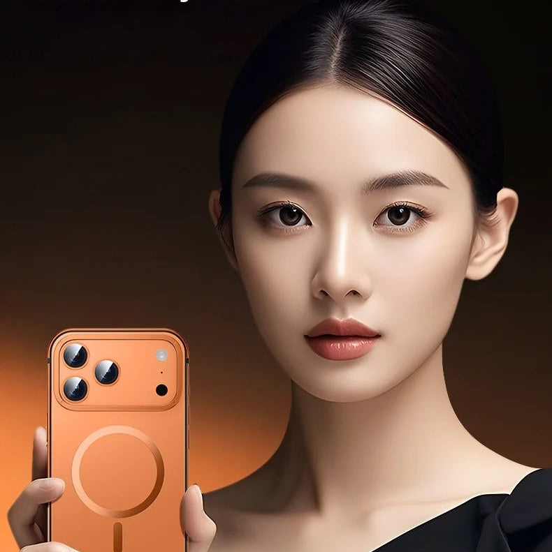 Premium iPhone Case — Orange Aluminum Alloy MagSafe Compatible Hard Shockproof Matte Cover with Magnetic Glass Protection, Anti-Scratch, Lightweight Design