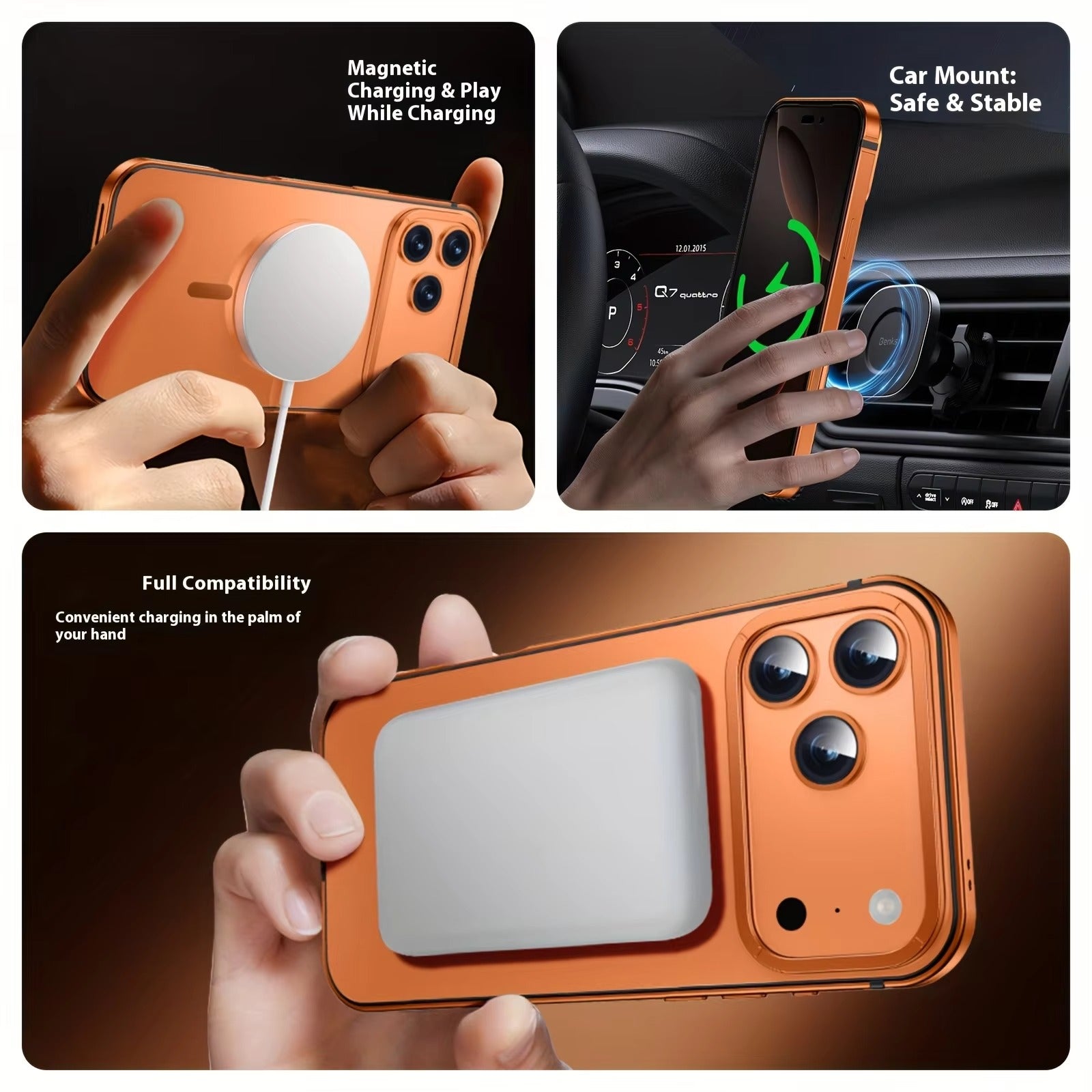 Premium iPhone Case — Orange Aluminum Alloy MagSafe Compatible Hard Shockproof Matte Cover with Magnetic Glass Protection, Anti-Scratch, Lightweight Design