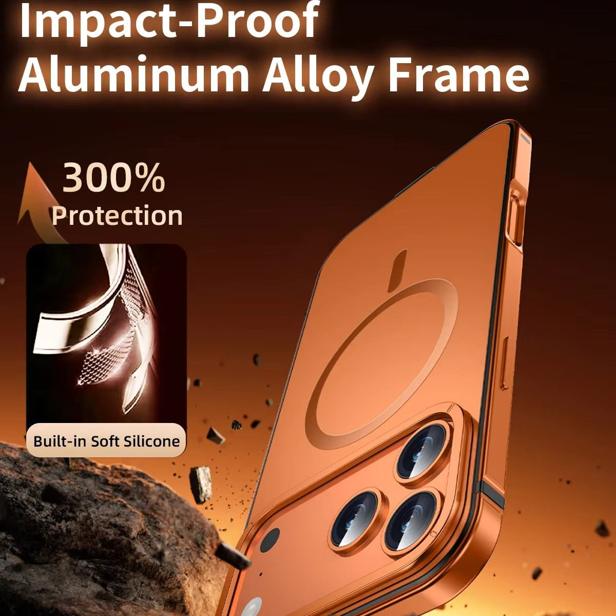 Premium iPhone Case — Orange Aluminum Alloy MagSafe Compatible Hard Shockproof Matte Cover with Magnetic Glass Protection, Anti-Scratch, Lightweight Design