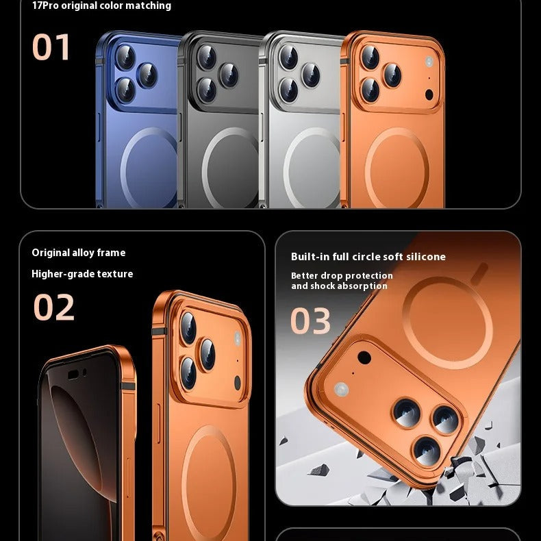 Premium iPhone Case — Orange Aluminum Alloy MagSafe Compatible Hard Shockproof Matte Cover with Magnetic Glass Protection, Anti-Scratch, Lightweight Design