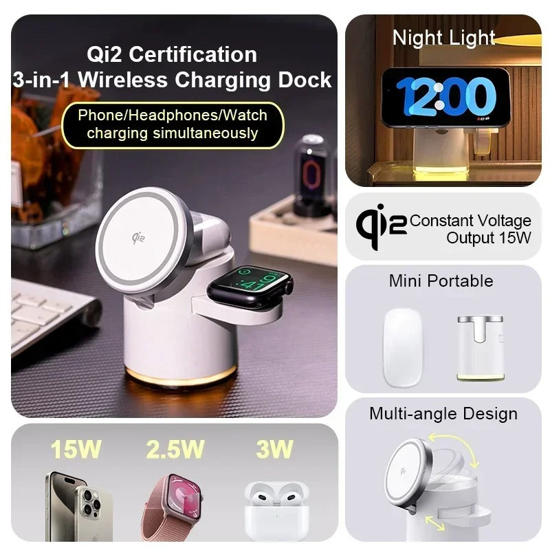 Premium Qi2 Wireless Charging Station, 15W Magnetic Fast-Charge Dock for Phone, Watch & Earbuds with Foldable Stand and Night Light