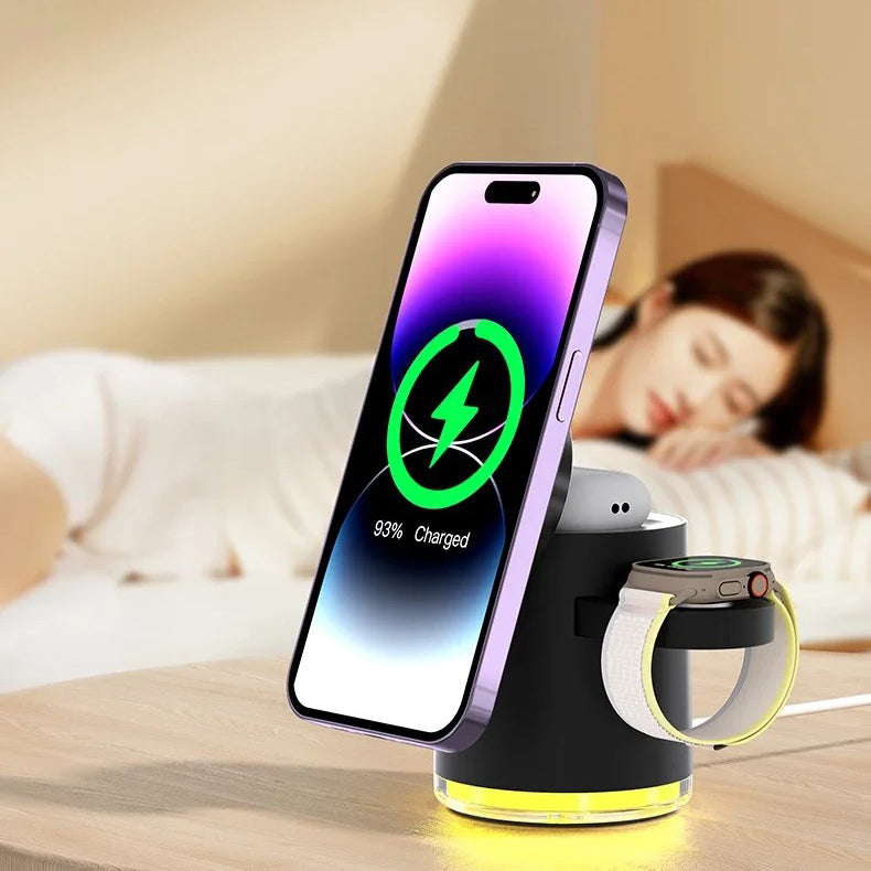 Premium Qi2 Wireless Charging Station, 15W Magnetic Fast-Charge Dock for Phone, Watch & Earbuds with Foldable Stand and Night Light
