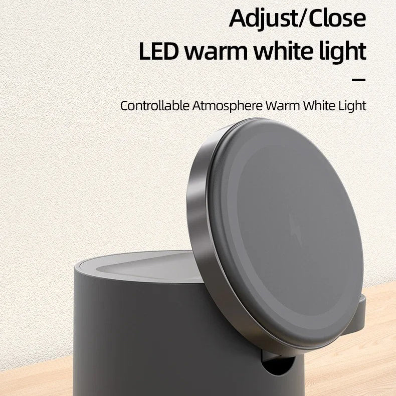 Premium Qi2 Wireless Charging Station, 15W Magnetic Fast-Charge Dock for Phone, Watch & Earbuds with Foldable Stand and Night Light