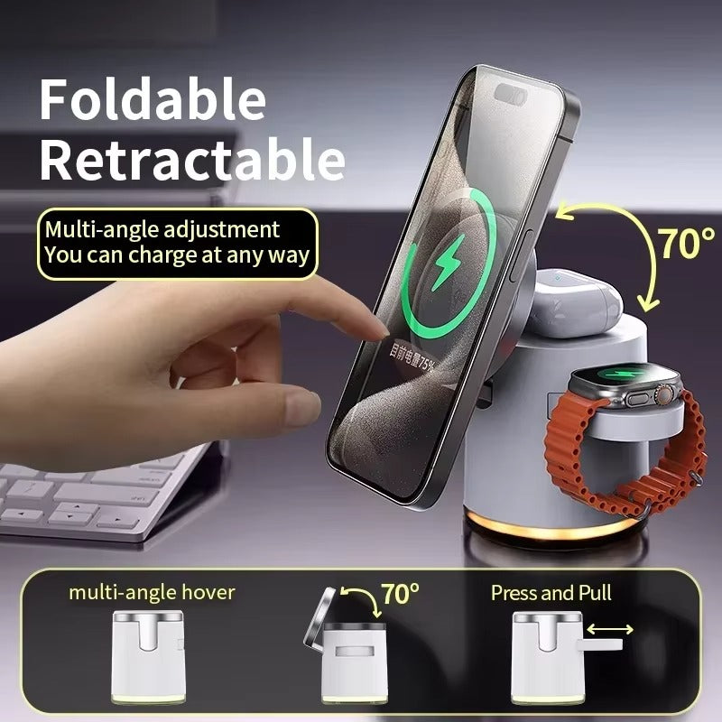 Premium Qi2 Wireless Charging Station, 15W Magnetic Fast-Charge Dock for Phone, Watch & Earbuds with Foldable Stand and Night Light