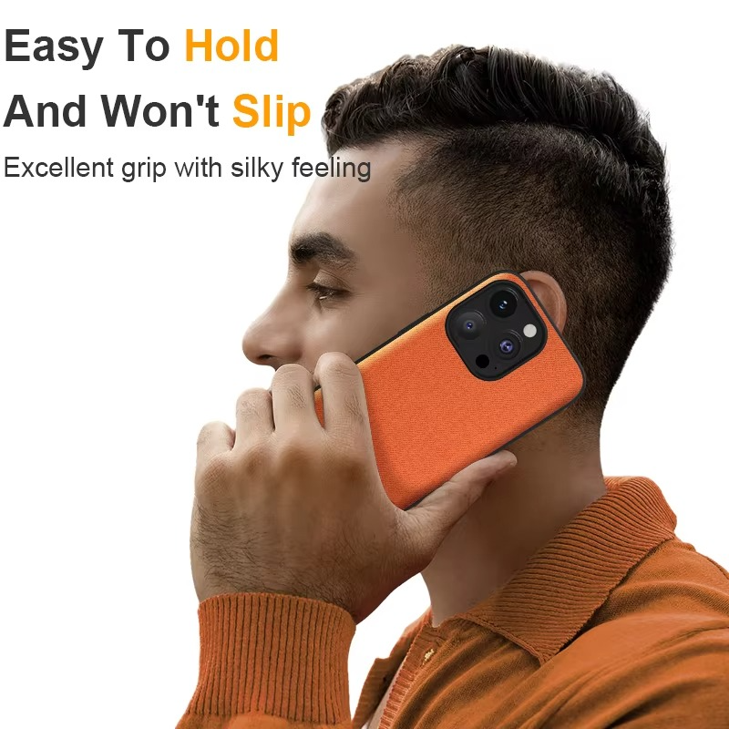 Premium Shockproof iPhone Case — Textile Leather Anti-Fingerprint Dustproof Cover with Non-Slip Grip and Scratch-Resistant Hard Back