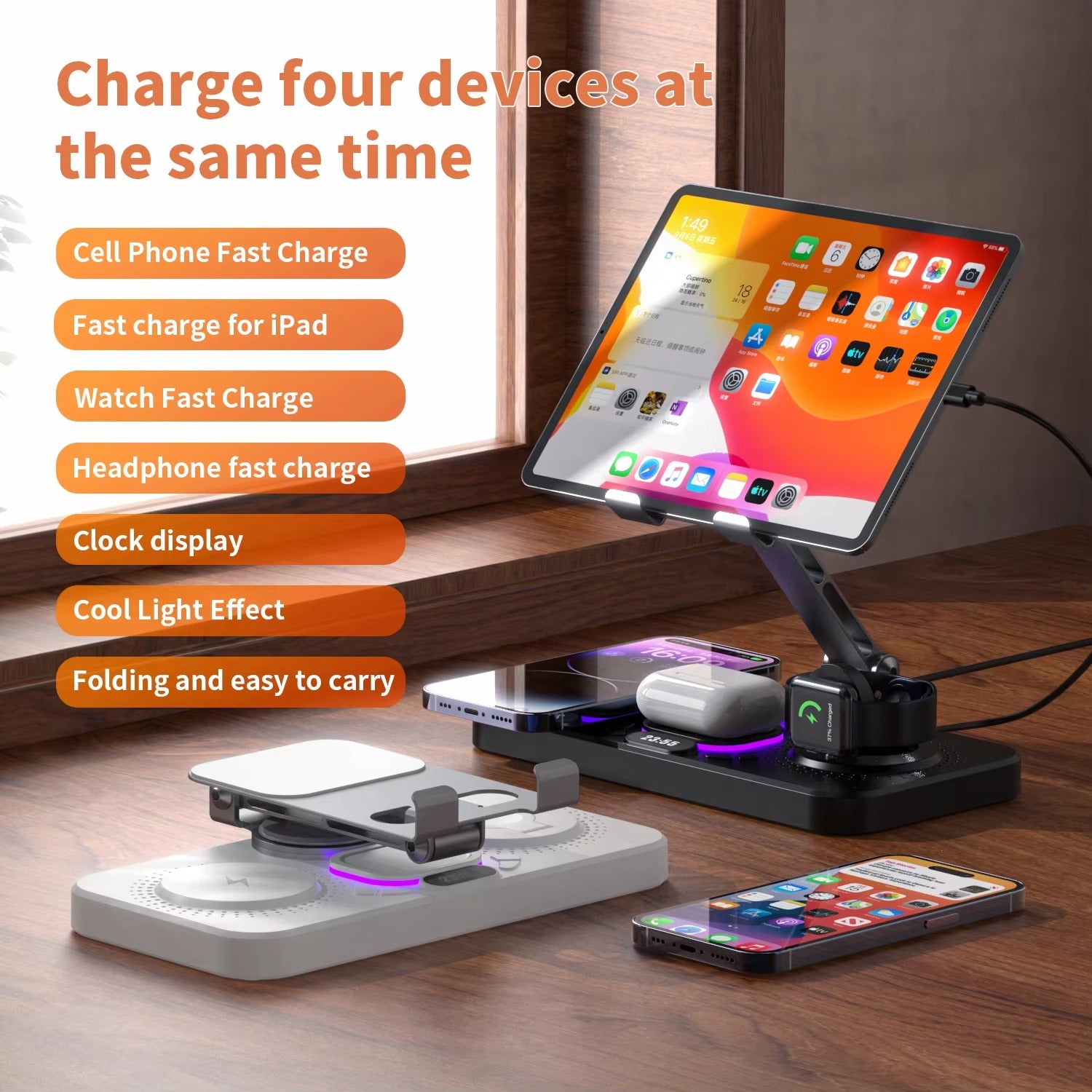 Premium iPhone 4-in-1 Foldable Wireless Charging Station, 15W Magnetic Fast-Charge Stand for Phone, Watch & Earbuds with LED Indicator