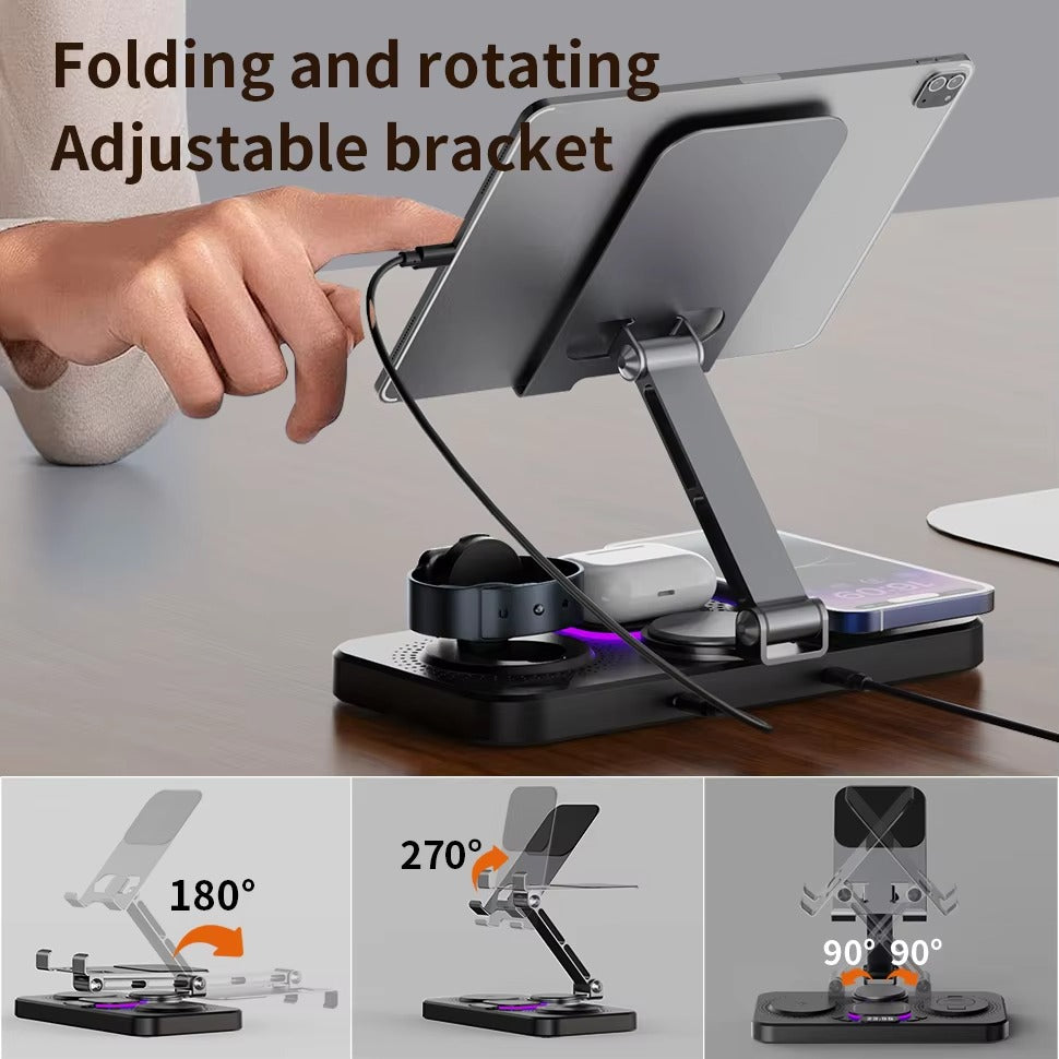 Premium iPhone 4-in-1 Foldable Wireless Charging Station, 15W Magnetic Fast-Charge Stand for Phone, Watch & Earbuds with LED Indicator