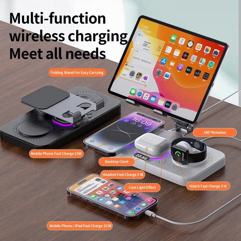 Premium iPhone 4-in-1 Foldable Wireless Charging Station, 15W Magnetic Fast-Charge Stand for Phone, Watch & Earbuds with LED Indicator