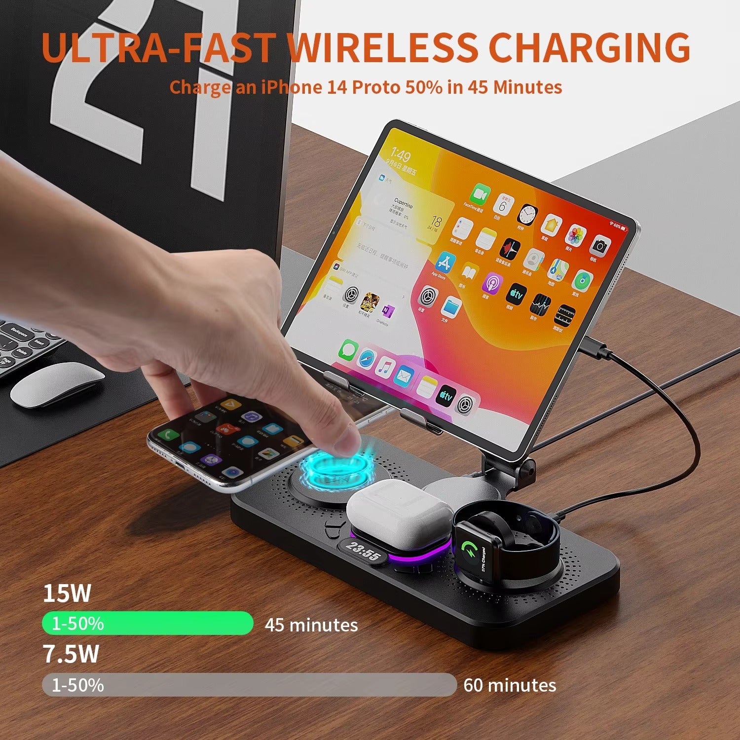 Premium iPhone 4-in-1 Foldable Wireless Charging Station, 15W Magnetic Fast-Charge Stand for Phone, Watch & Earbuds with LED Indicator