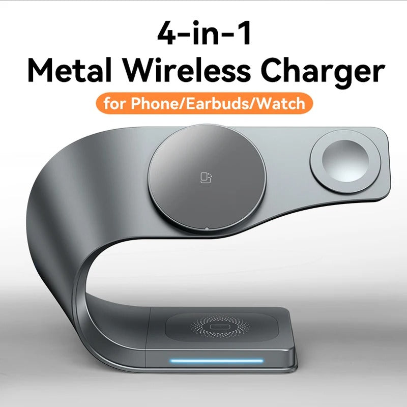 Premium iPhone 4-in-1 Magnetic Wireless Charging Station, 15W Fast-Charge Metal Stand for Phone, Watch & Earbuds with LED Indicator