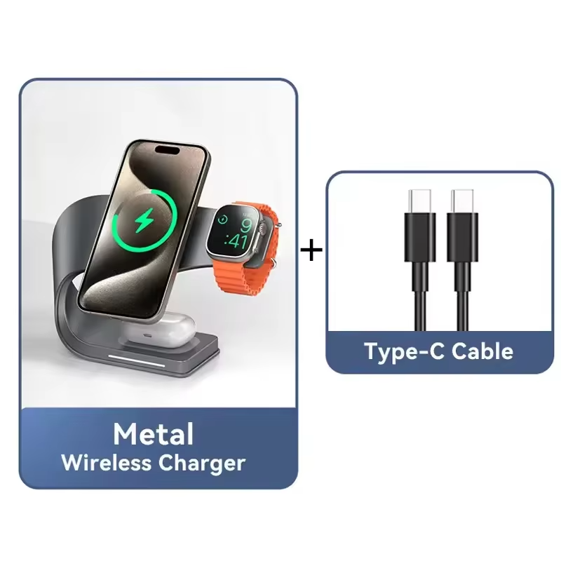 Premium iPhone 4-in-1 Magnetic Wireless Charging Station, 15W Fast-Charge Metal Stand for Phone, Watch & Earbuds with LED Indicator
