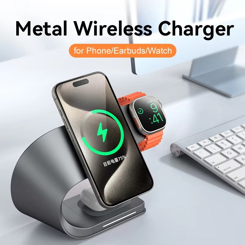 Premium iPhone 4-in-1 Magnetic Wireless Charging Station, 15W Fast-Charge Metal Stand for Phone, Watch & Earbuds with LED Indicator