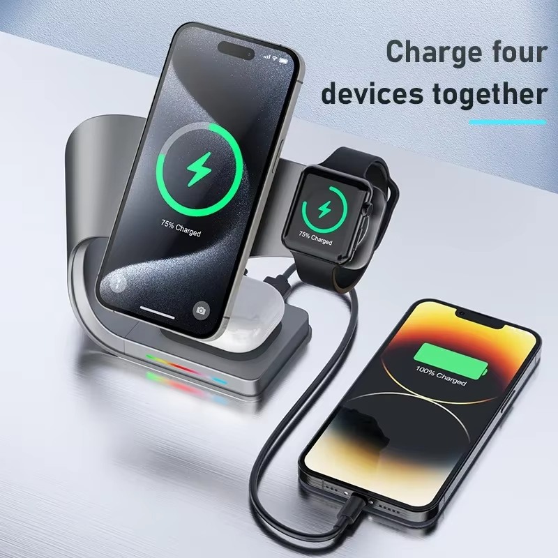 Premium iPhone 4-in-1 Magnetic Wireless Charging Station, 15W Fast-Charge Metal Stand for Phone, Watch & Earbuds with LED Indicator