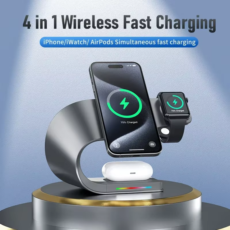 Premium iPhone 4-in-1 Magnetic Wireless Charging Station, 15W Fast-Charge Metal Stand for Phone, Watch & Earbuds with LED Indicator